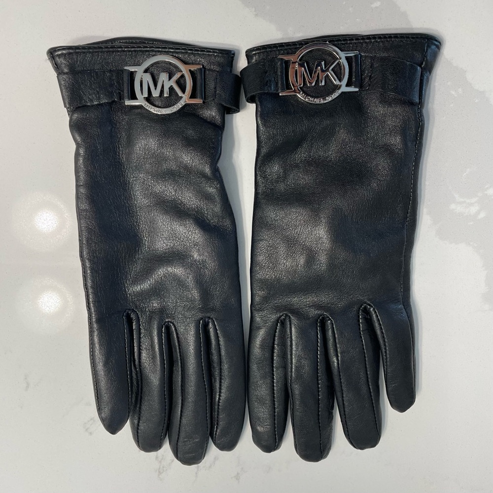 Michael Kors Leather MK Circle Gold Tone Logo Gloves